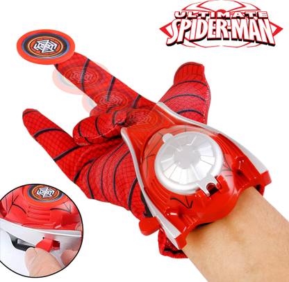 FABIUM Spiderman Gloves with Disc Launcher web shooter spiderman Action Figure Super Hero Disc Launcher Single Hand glove Toy Set spider-man disk launcher Character Toys for kids boys and girls (Red)