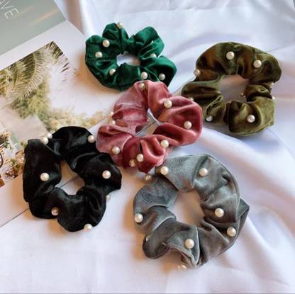 alamodey Pack of 5 Beaded Stitched Large Size Hair Scrunchies Hair Accessory Set