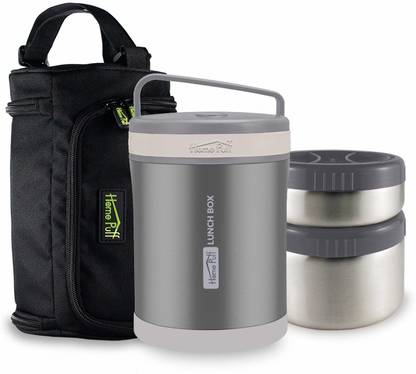 Home Puff Double Wall Vacuum Insulated Stainless Steel Metallic Grey 2 Containers Lunch Box