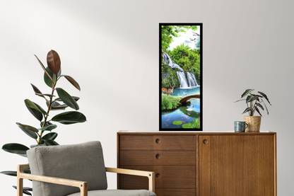 Jitesh Arts Beautiful Forest Waterfall Birds Painting With Synthetic Frame Black0012 Digital Reprint 13.5 inch x 6 inch Painting