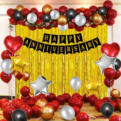 Miss & Chief by Flipkart Solid Happy Anniversary Decoration Kit - Home Bedroom Decorations 70Pcs Kit - Banner, Heart Foil Balloon, Curtain, Metallic Balloons - Husband Wife 1st, 25th,50th Wedding Anniversary Set Combo Balloon