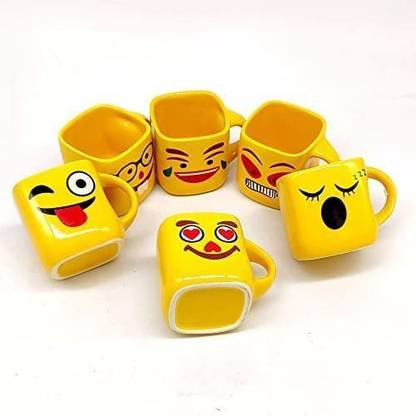 Paanoply Ceramic Yellow Emoji Square Smiley Tea/Coffee/Milk Cups 130 ml - (Set of 6)