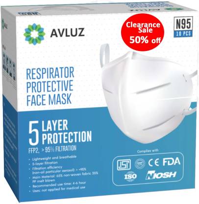 AVLUZ Free Size N95 White Mask With Melt Blown Fabric Layer N95_10 Reusable, Washable
