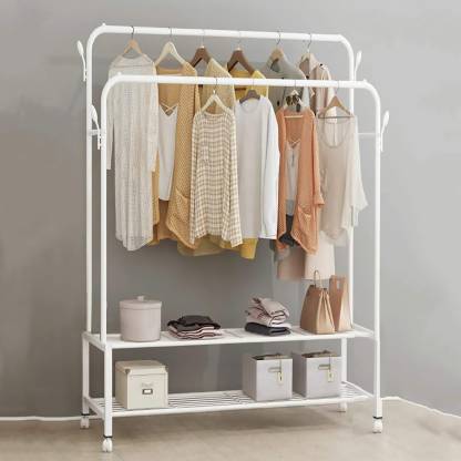 ADA Metal Double Hanging Rod Garment Rack Hanger with Top Rod and Lower Storage Shelf, Closet Organizer Clothes Rack for Bedroom, Living Room and Entryway Steel Wall Shelf