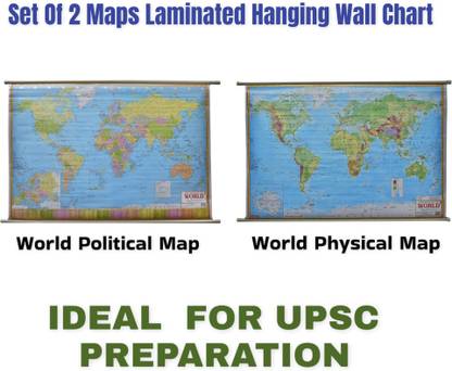 Combo World Political Map & World Physical Map Chart Laminated Set Of 2 English Medium Useful For UPSC, SSC, IES And Other Competitive Exams