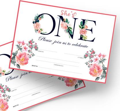 Creatie First Birthday Invitations with Envelopes, Floral Pattern, 10 Pcs Invitation Card