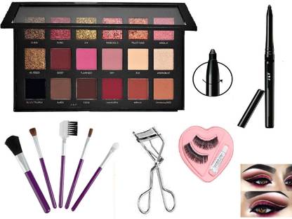 HINSHITSHU Rose Gold Eyeshadow , 5 Pc Makeup Brush , Eyelashes , Curler , Smudge Proof Kajal