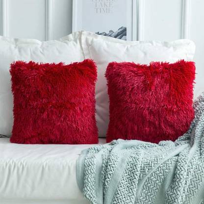 kioni Microfibre Cushion Pack of 2 Solid Soft Fur Cushion Pillow For Home, Sofa, Kids, Girls, Chair, Car, 16 x 16 Inch