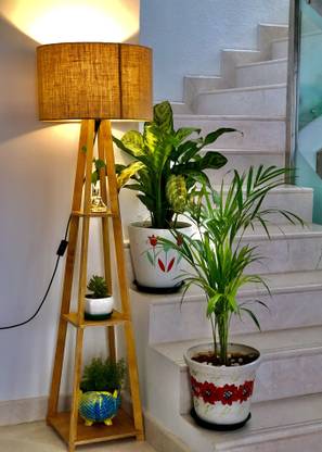 OverseasMart Wood Big Tripod Floor Lamp Stand Light with 14 inches Metallic Table Lamps Lamp Shade