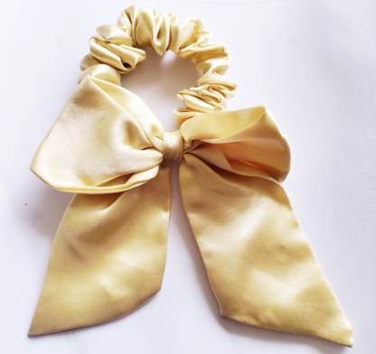 Plucket Handmade Gold Solid Color Silk Bow Knot Scrunchie- Pack of 1 Rubber Band