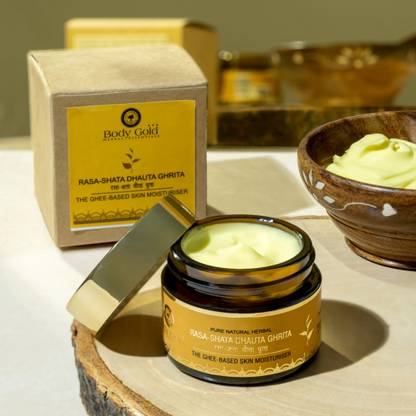 Body Gold Rasa Shata Dhauta Ghrita - The Ghee Based Skin Moisturiser it Highly moisturizing and hydrating,Promotes collagen production,Has healing properties,Gives soft and supple skin,Rejuvenating 50gm