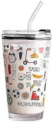 Giyanza Multipurpose Drinking cup with Silicone Straw and Glass Lid Random Design Glass Coffee Mug
