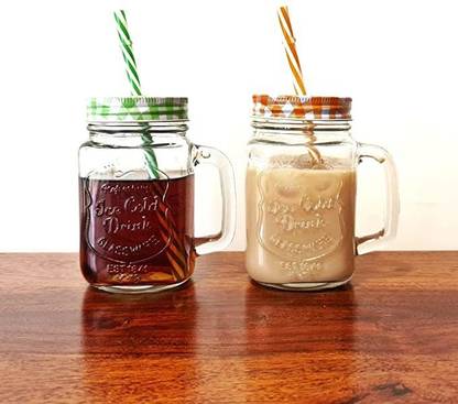 Virya Mason Jar with Handle, Colored Cap Lid & Straw for Juice / Cocktail / Mocktail Glass Mason Jar