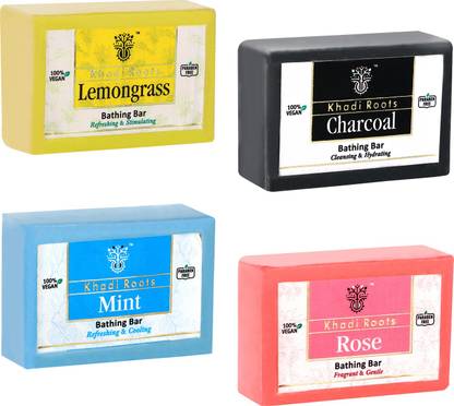 Khadi Roots Lemongrass, Charcoal, Mint & Rose Natural Handmade Soap Combo Pack Of 4