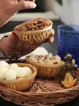 TRIBHU Round 5 Inch Bamboo Basket Topli for Multipurpose | Gift Packing | Pack of 12 Bamboo Fruit & Vegetable Basket