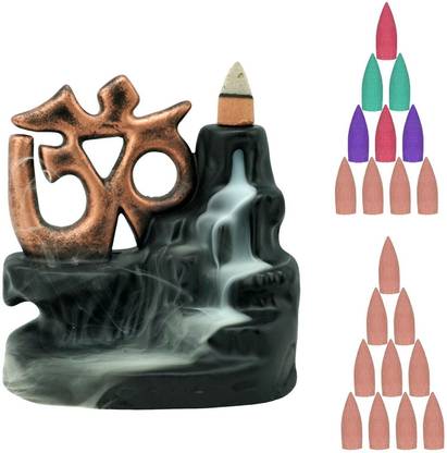 Craftam Om Fountain Smoke Backflow Incense Holder Idol with 20 Incense Cone Polyresin Incense Holder Set