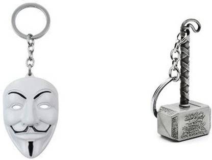 Deethyas Fashion Thor Hammer Big Metal Keychain and V for Vendetta Anonymous Hacker Key Chain