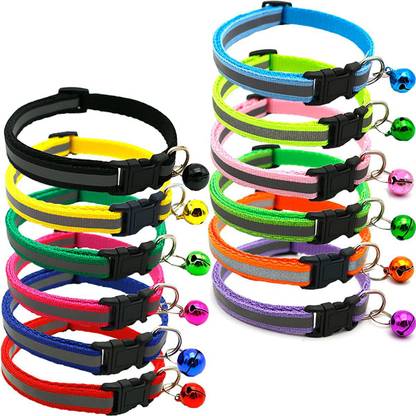 Woofy Cat Collar Belt for Kitten with Bell Solid Colour Nylon Made Adjustable Size Bell Cat Collar Charm