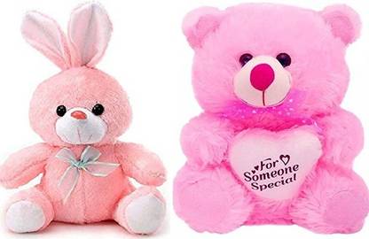 Bakku Toys Teddy bear soft toys mono and bunni pink color set off 2  - 28 cm