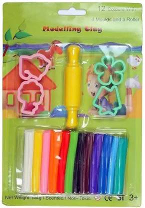 QWICK CLICK Colours 12 Modelling Clay with 4 Variety of Shapesand Mould & 1 Roller For Kids