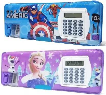 Mahakal Online Store Avenger & Frozen Calculator Pencil Box Combo Cartoon Printed Art Plastic Pencil Box
