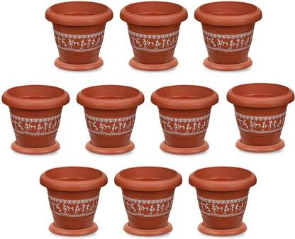 RATAN Varli Print 12 Inches Terracotta Planter No 5 With Plates Plant Container Set