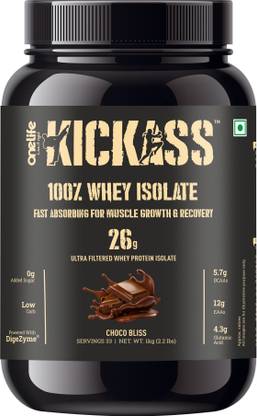 kickass 100% Premium 26g Whey Protein Isolate, 11g EAAs, 5.7g BCAAs, 4.3g Glutamic Acid. Whey Protein
