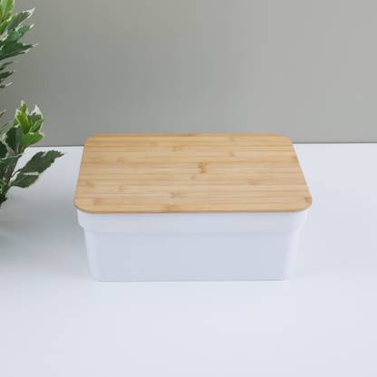 Hometown Plastic Stereo Plastic Storage container with Bamboo Lid 8.5 Ltr in White Colour Storage Basket