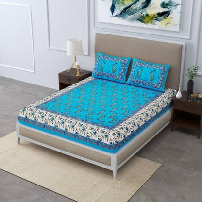 AAYU TRADER Cotton Double Flat 104 TC Jaipuri Prints Bedsheet