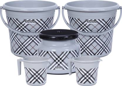 RATAN Frosty Bubble Print Grey Pack of 5 Bathroom Set (Bucket x 2, Mug x 2, Stool x 1) 18 L Plastic Bucket