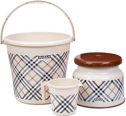 RATAN Frosty Checks Print Beige Pack of 3 Bathroom Set (Bucket x 1,Mug x 1, Stool x 1) 18 L Plastic Bucket