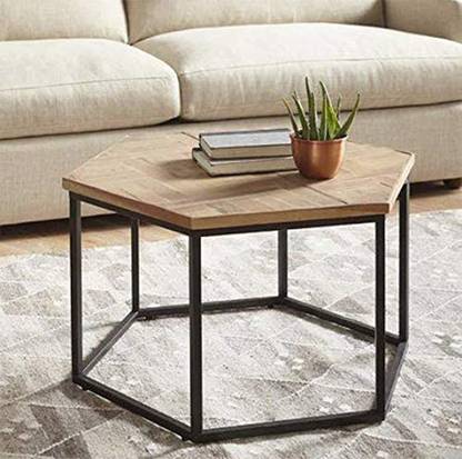 Divine Arts Iron Frame Solid Wood Top Hexagon Shape Center Coffee Table Solid Wood Coffee Table