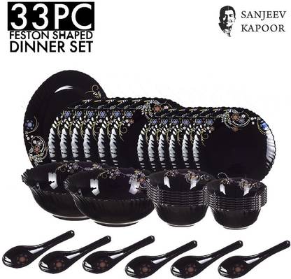 Sanjeev Kapoor Pack of 33 Glass 33 PC BLACK FESTON SHAPE DINNER SET