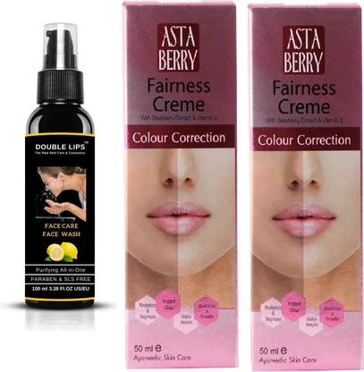 DOUBLE LIPS FACE CARE SOAP FREE LEMON FACE WASH 100 ML WITH ASTABERRY FAIRNESS CREAM 50 GRM PACK OF 2