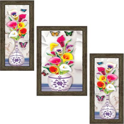 Set of 3 Flowers in Vases Framed Art Painting (0053EBY) without glass Digital Reprint 13 inch x 10.2 inch Painting