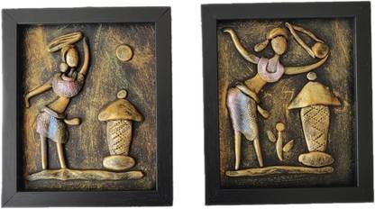 METALCRAFTS Mural Art wall hanging, set of 2, antique colour embossing work size 6"×7" Decorative Showpiece  -  18 cm