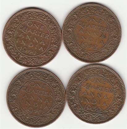 Sansuka British INDIA George VI Quarter Anna set 1939 -1940 - 1941 - 1942 AD 4 coins set Modern Coin Collection