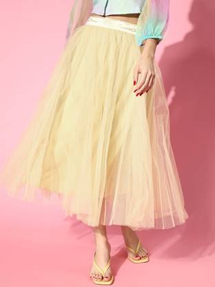 SASSAFRAS Solid Women Regular Yellow Skirt