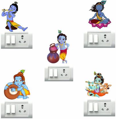 Decor Villa 25 cm Krishna Wall Sticker & Switch Board Sticker Set Of 5 Reusable Sticker