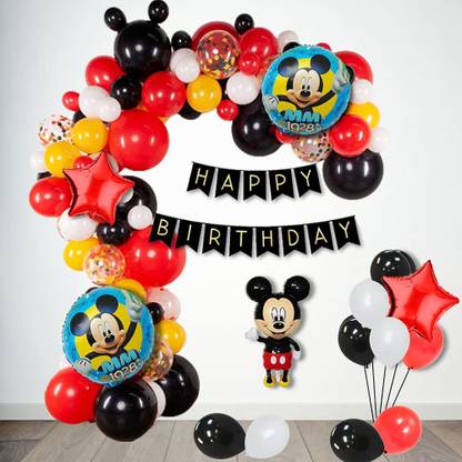 Fun and Flex Mickey Mouse Birthday Decoration Kit Combo - Pack Of 99 Pcs for Birthday Party