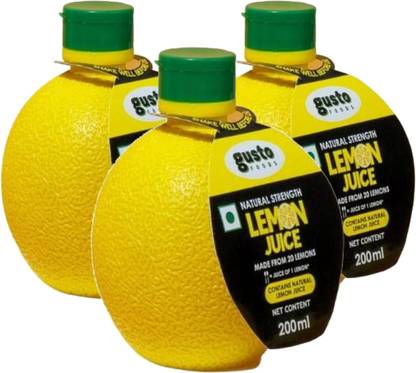 Gusto Foods Yellow Lemon Juice Concentrate | Instant Ready to Make Nimbu Pani | Pocket Bottle | Made up of 20 Tangy Natural Lemons (Pack of 3 x 200ml each)
