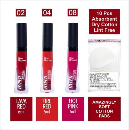 BLUE HEAVEN Hyper Stay Combo Liquid Matte Lipstick Shades-2-4-8 + Cotton Pad (10pcs)