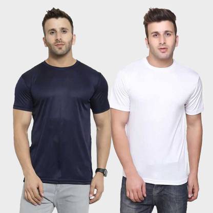Solid Men White, Dark Blue T-Shirt