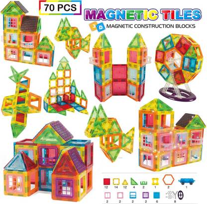 Kiditos Magnetic Tiles Building Blocks Set 70 PCS Colorful 3D Magnet Toys for Kids
