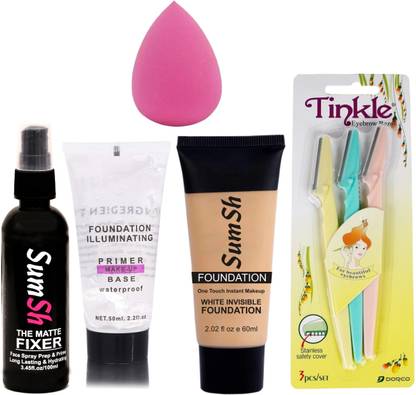 SumSh Fixer, Primer, Foundation, Eyebrow Razor (3 Pcs), Blender Spounge