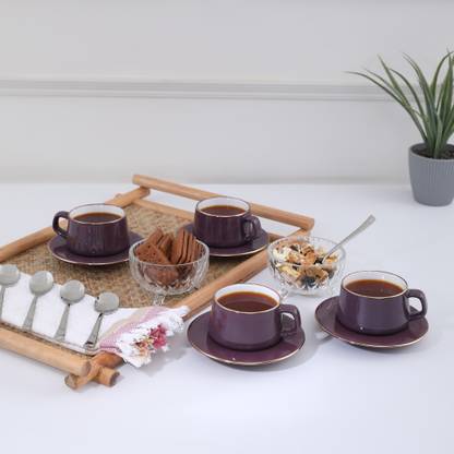 Hometown Pack of 8 Bone China Liliput Bone China Cup & Saucer 210 ml set of 8 Pcs in Wine Colour