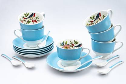 Golden Queens Pack of 18 Ceramic GOLDEN QUEEN'S Cups, Saucer & Spoons Set for Tea - Set of 18 pcs (Blue Bird)