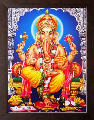 Artisan Cart Lord Ganesha / Ganpati Giving Blessing, HD Printed Picture with Frame. Digital Reprint 9 inch x 7 inch Painting