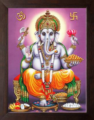 Artisan Cart Lord Ganesh Giving Blessing, HD Printed Picture with Plane Brown Frame. Digital Reprint 9 inch x 7 inch Painting