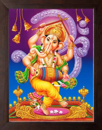 Artisan Cart Lord Ganesha in Dancing Form, HD Printed Picture with Plane Brown Frame. Digital Reprint 9 inch x 7 inch Painting